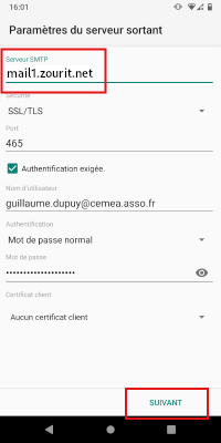 Saisie serveur sortant Saisie serveur sortant