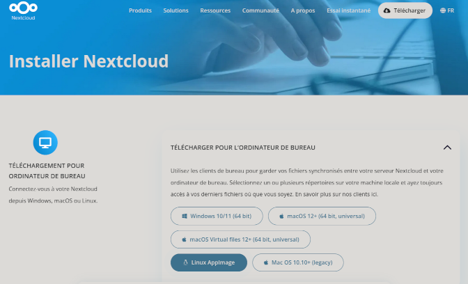 Capture de la page de téléchargement du client Nextcloud Capture de la page de téléchargement du client Nextcloud